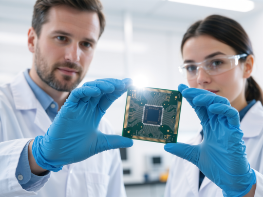 Professional engineering team working with semiconductor equipment, blue background, modern office setting